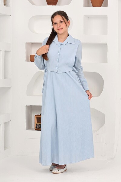 Asortik Kids Κοριτσίστικο μακρύ ύφασμα Seersucker Gilet & Φόρεμα Σετ Χιτζάμπ δύο τεμαχίων – Κομψό Σετ με επένδυση-4948