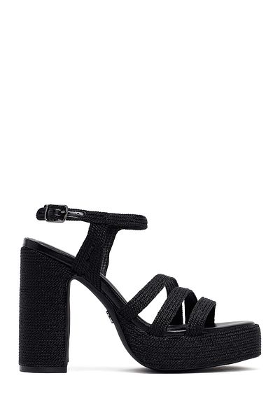 Derimod Women's Black Ankle Buckle High Thick Heeled Platform Straw Sandals 25Sfd4433M7