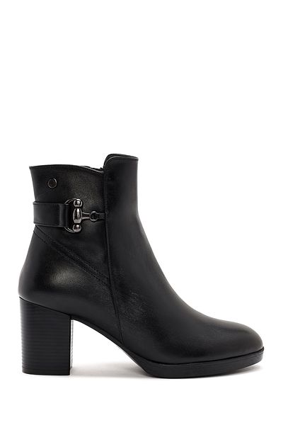 Derimod Women's Black Zippered Thick Heeled Leather Boots 25Wfd411618