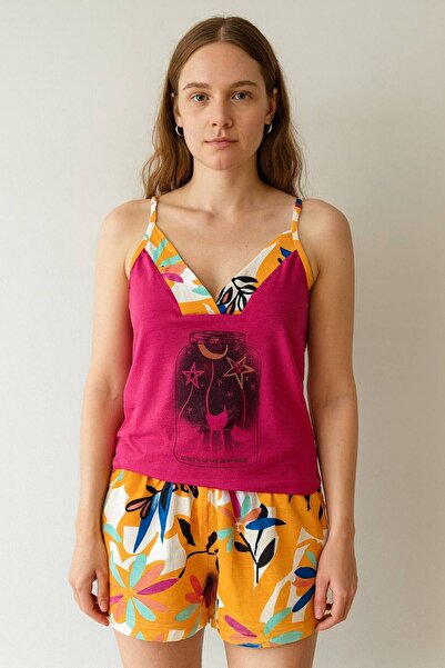 Fenne Γυναικείο σετ πιτζάμες με πολύχρωμο τροπικό σχέδιο με σορτς – Σετ με εμ...