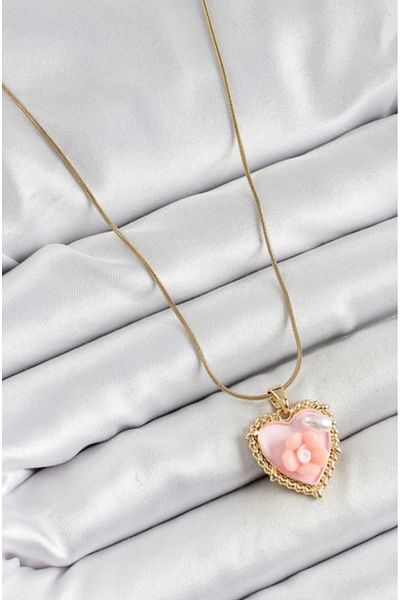 TR 316L Steel Chain Pink Detailed Daisy Figured Heart Model Gold Color Women's Necklace