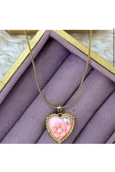 TR 316L Steel Chain Pink Detailed Daisy Figured Heart Model Gold Color Women's Necklace