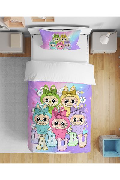 Home Labubu Cartoon Character 3D Digital Printed Single Bed Sheet Without Sheets Girl's Bedding Set