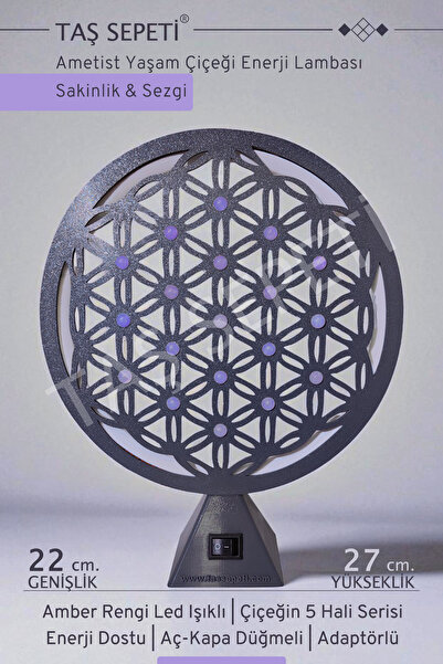 TAŞ SEPETİ Ametist Yaşam Çiçeği Sakinlik Sezgi Enerji Lambası Amber Led Işık ...