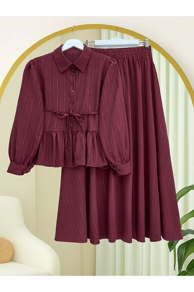 Modamorfo Ruffled Skirt, Buttoned Waist, Laced Skirt Suit - Burgundy