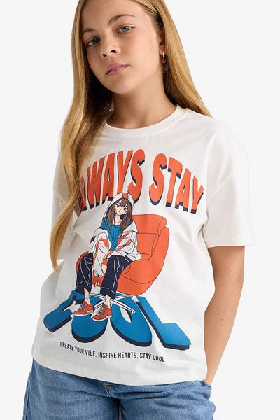 DeFacto Girls' Relax Fit Crew Neck Printed Short Sleeve T-Shirt G0469A825Au