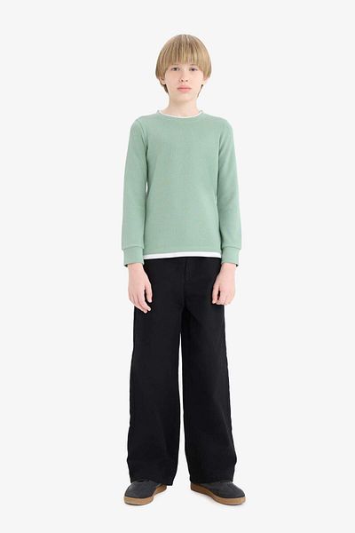 DeFacto Boy's Crew Neck Basic Plain Waffle Long Sleeve School T-Shirt V1186A625Au