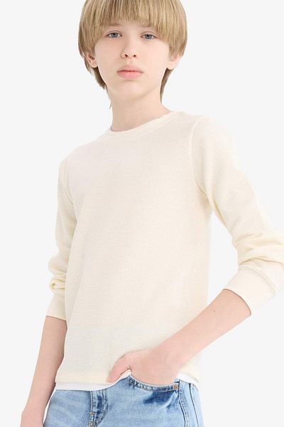 DeFacto Boy's Crew Neck Basic Plain Waffle Long Sleeve School T-Shirt V1186A625Au
