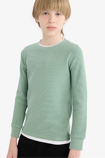 DeFacto Boy's Crew Neck Basic Plain Waffle Long Sleeve School T-Shirt V1186A625Au