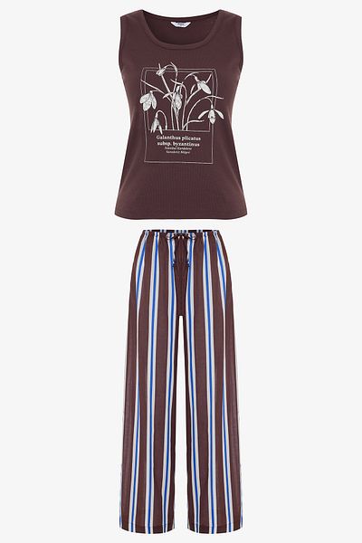 Penti Brown Istanbul Snowdrop Striped Crew Neck Strap Cotton Pajama Set - Inspired by Flora