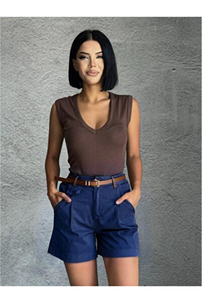 Eda Başak Atelier Wide Leg (Wed Leg) Cep Detaylı Yüksek Bel Mini Şort
