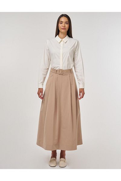 Kayra Belt Detailed A-Line Skirt Beige