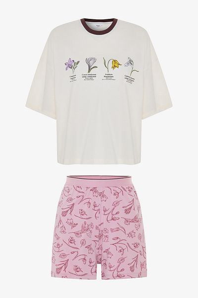 Penti Ecru Steppe Tulip Flower Printed Organic Cotton Crew Neck Short Sleeve Shorts Pajama Set - Inspi