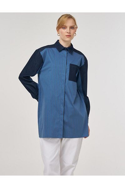 Kayra Denim Garnished Cotton Tunic Indigo