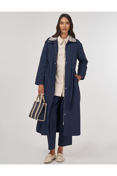 Kayra Jacquard Long Trench Coat Dark Navy Blue