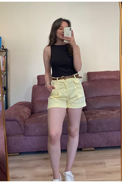 Eda Başak Atelier Wide Leg (Wed Leg) High Waist Mini Shorts with Pocket Detail