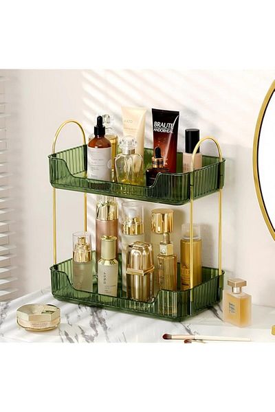 Generic INVSSENE Green Metal Bathroom Countertop Organizer Tray, 2 Tiers, for Makeup, Perfume, Skincare, an