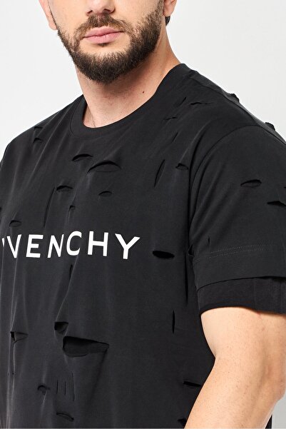 Givenchy Men Crew Neck Short Sleeves Distressed Layered T-shirt, Black