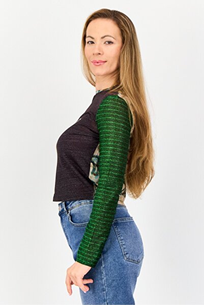 Desigual Women Crew Neck Long Sleeve Graphic Print Top, Multicolor