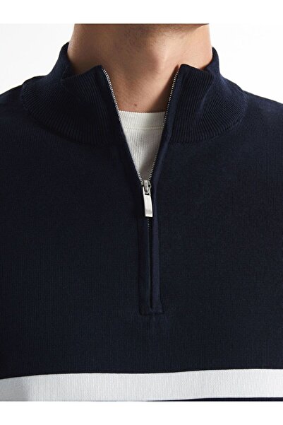 LC Waikiki Μπλε ναυτικό ψηλός λαιμός μακρυμάνικο ριγέ ανδρικό πλεκτό πουλόβερ