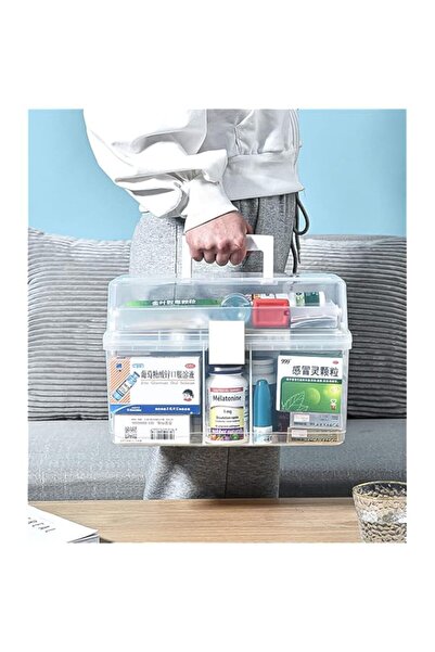 Generic صندوق دواء داوومي، صندوق تخزين طبي بلاستيكي، مجموعة أدوات طبية طارئة عائلية، إسعافات أولية منزلية من 3 طبقات