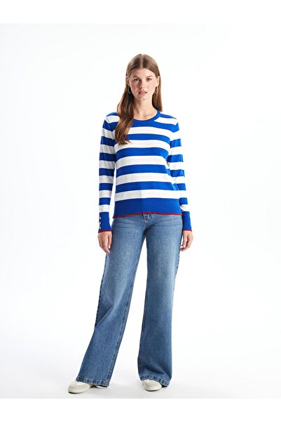 LC Waikiki Albastru guler rotund bloc de culoare Pulover tricot pentru femei