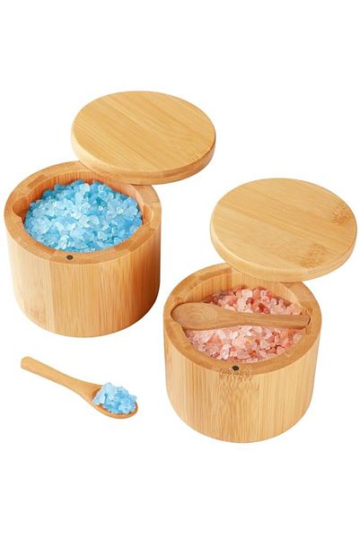 Generic Timtopno Bamboo Salt Cellar, 2 PCS Salt Container with Built-in Spoon, Salt Box Bowl with Magnetic