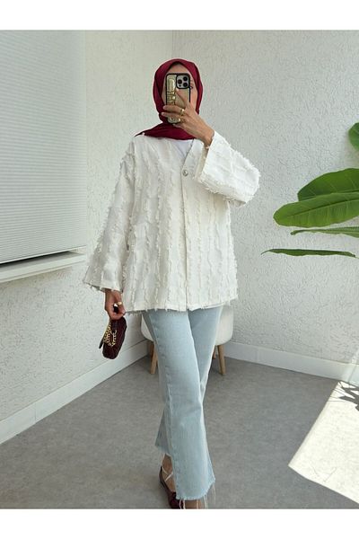 Modamorfo Kimono cu model pătrat cu un singur buton cu franjuri - alb