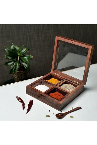 Generic QUESERA® Sheesham Wooden Masala Box – Handcrafted Spice Box Rack with 4 Containers & Spoon – Square