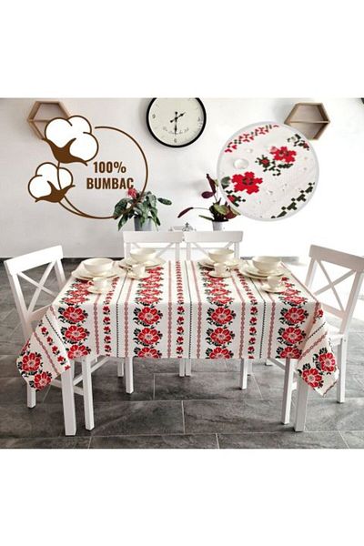 Ralex Stain-Resistant Tablecloth 100% Cotton Diameter 140 cm, Traditional Print White Red