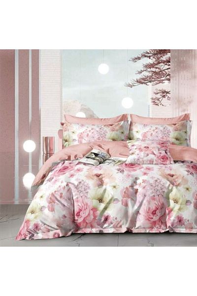 Ralex Single Bed Linen Percalle Printed 100% Cotton, 3 Pieces, Pink Flowers, 160x240 cm Sheet, 150x220 cm