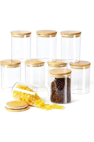 Generic Mash 8-Piece Kitchen Food Storage Round Glass Canister Jar With Airtight Bamboo Lid For Cereals, Pa