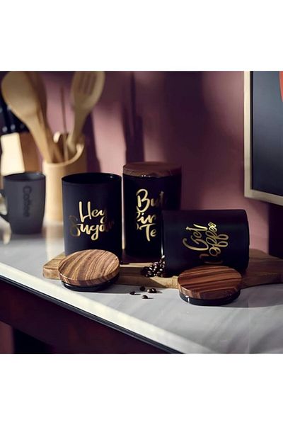 Generic Tea, Coffee & Sugar Canisters Set of 3 – Black Storage Jars with Bamboo Lids – Decorative Kitchen O