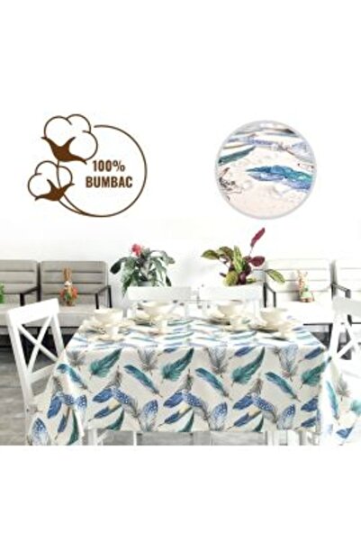 Ralex Stain-Resistant Tablecloth 100% Cotton Diameter 140 cm, Blue Feathers