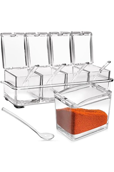 Generic 4-Cell Clear Seasoning Rack Spice Box, Storage Container Condiment Jars Acrylic Seasoning Box with