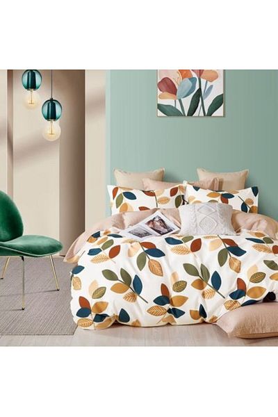 Ralex Double Bed Linen Percalle Printed Cotton 100%, 4 pieces - beige leaves, Pucioasa