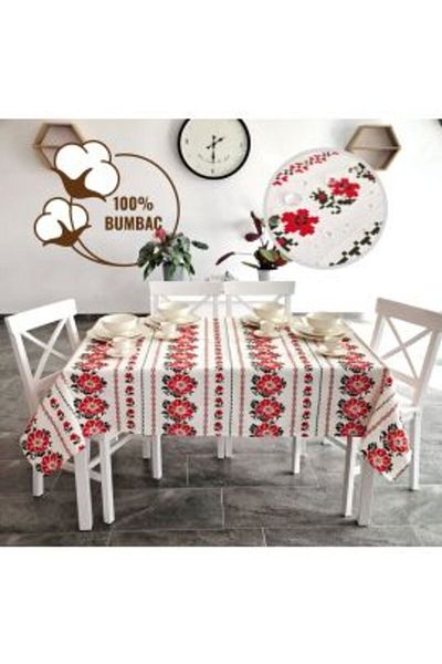 Ralex Anti-Stain Cotton Tablecloth 140 x 180 cm, Traditional White Red Print