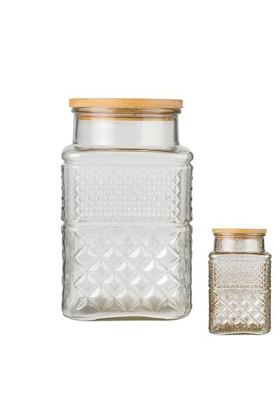 Generic TERRIFI 1800 ML Vintage Glass Airtight Storage Jar with Square Shape and Bamboo Lid, Embossed Canis
