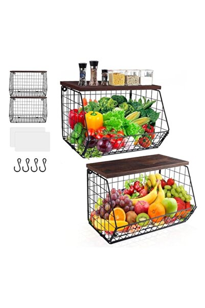 Generic SPNOR Fruit Basket Onion Storage Wire Baskets with Wood Lid, 2pcs Stackable Wall Mounted Countertop
