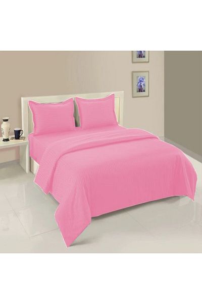 HomePuls Bed Linen Set with Elastic for Mattress - Damask Polycotton Stripe 1 cm, Roz Bonbon
