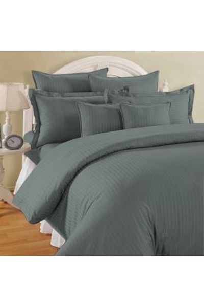 HomePuls Double King Size Bed Linen Set, 6 Pieces - Polycotton Damask 1cm Stripe, Dark Grey