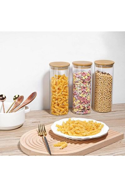 Generic Mash 3-Piece Kitchen Food Storage Round Glass Canister Jar With Airtight Bamboo Lid For Cereals, Pa