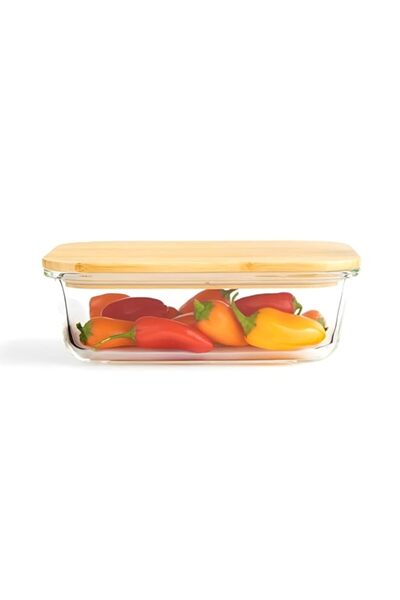 Generic Blackstone Borosilicate Glass Food Storage Container with Wooden Lid & Silicone Removable Seal BGC5