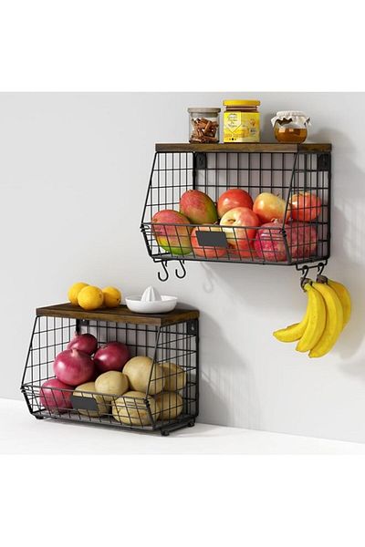 Generic sddjqy Hanging Wall Fruit Basket for Kitchen Counter 2 Pack, Stackable Wire Baskets for Organizing