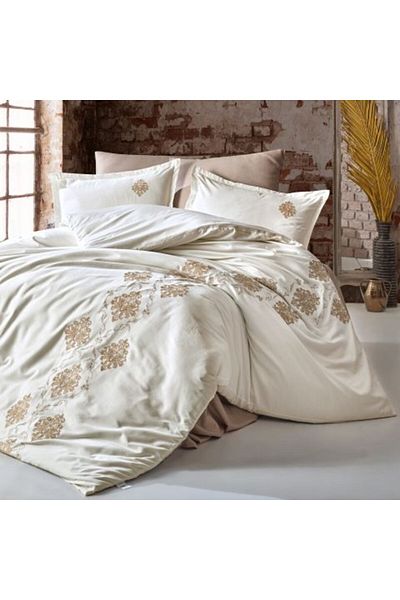 Clasy Set de lenjerie de pat luxos din satin brocat, 100% bumbac premium, dimensiune King, 6 piese, crem
