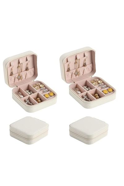 Generic Travel Jewelry Box Set of 2, Mini Portable Organizer with 3 Necklace Hooks, White PU Leather
