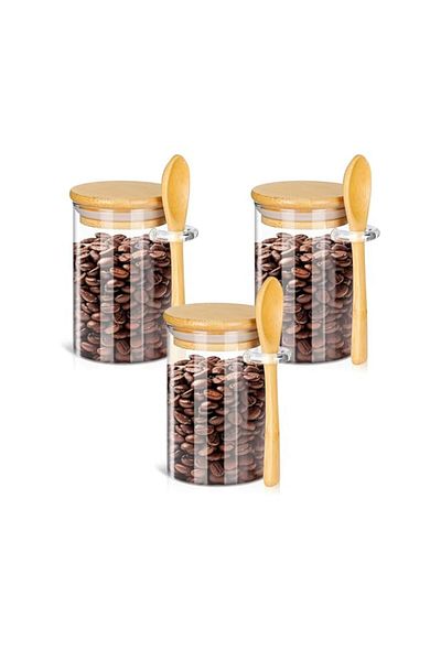 Generic Set of 3 Pcs Glass Storage Jar with Bamboo Lids and bamboo Spoon, Airtight Food Jars Kitchen Food S