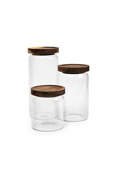 Generic Cuisine Art Round Glass Storage Jars with Acacia Wood Lids -Set of 3 Transparent Borosilicate Airti
