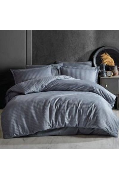 HomePuls Lenjerie pat dublu Damasc Bumbac 100% tip Hotel, dunga 1 cm, 4 piese, Gri Antracit