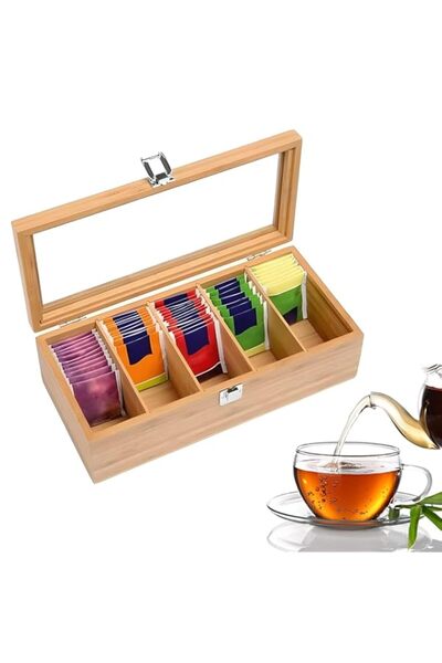 Generic Tea Bag Organizer, Wooden Tea Box with Transparent Hinged Lid, Tea Storage Chest Case for Any Home